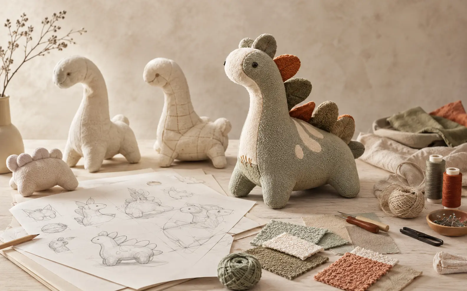 Custom plush product development workspace with samples, sketches and materials