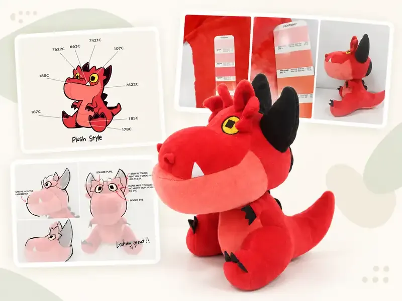 Custom dinosaur plush toy development from client artwork to confirmed sample
