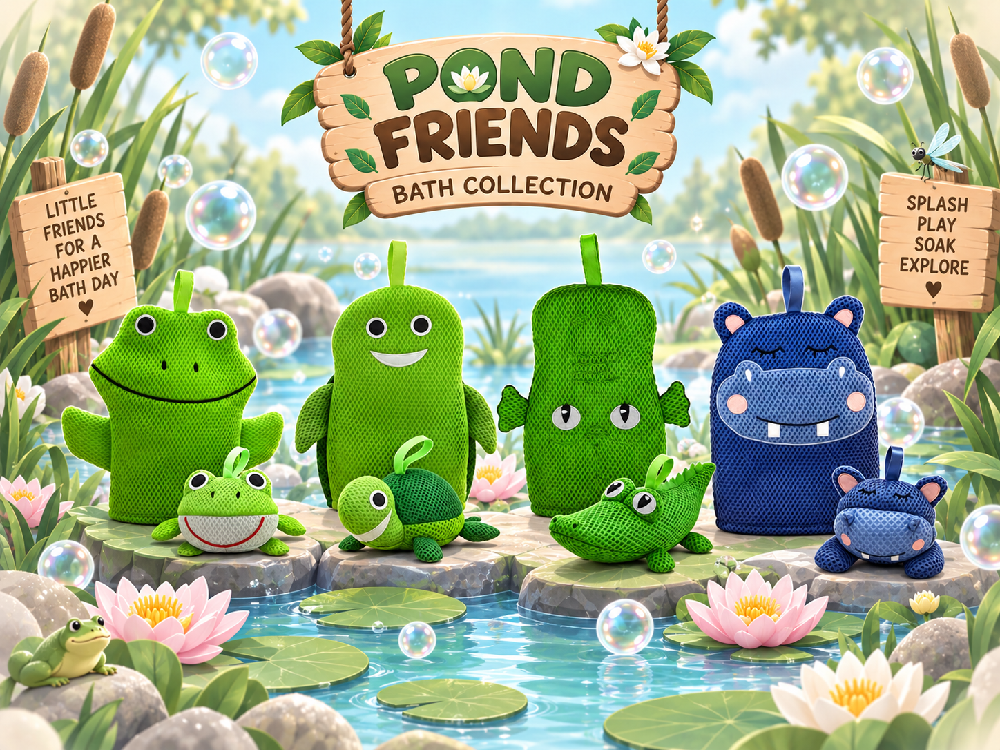 Pond Friends bath mitt and toy collection