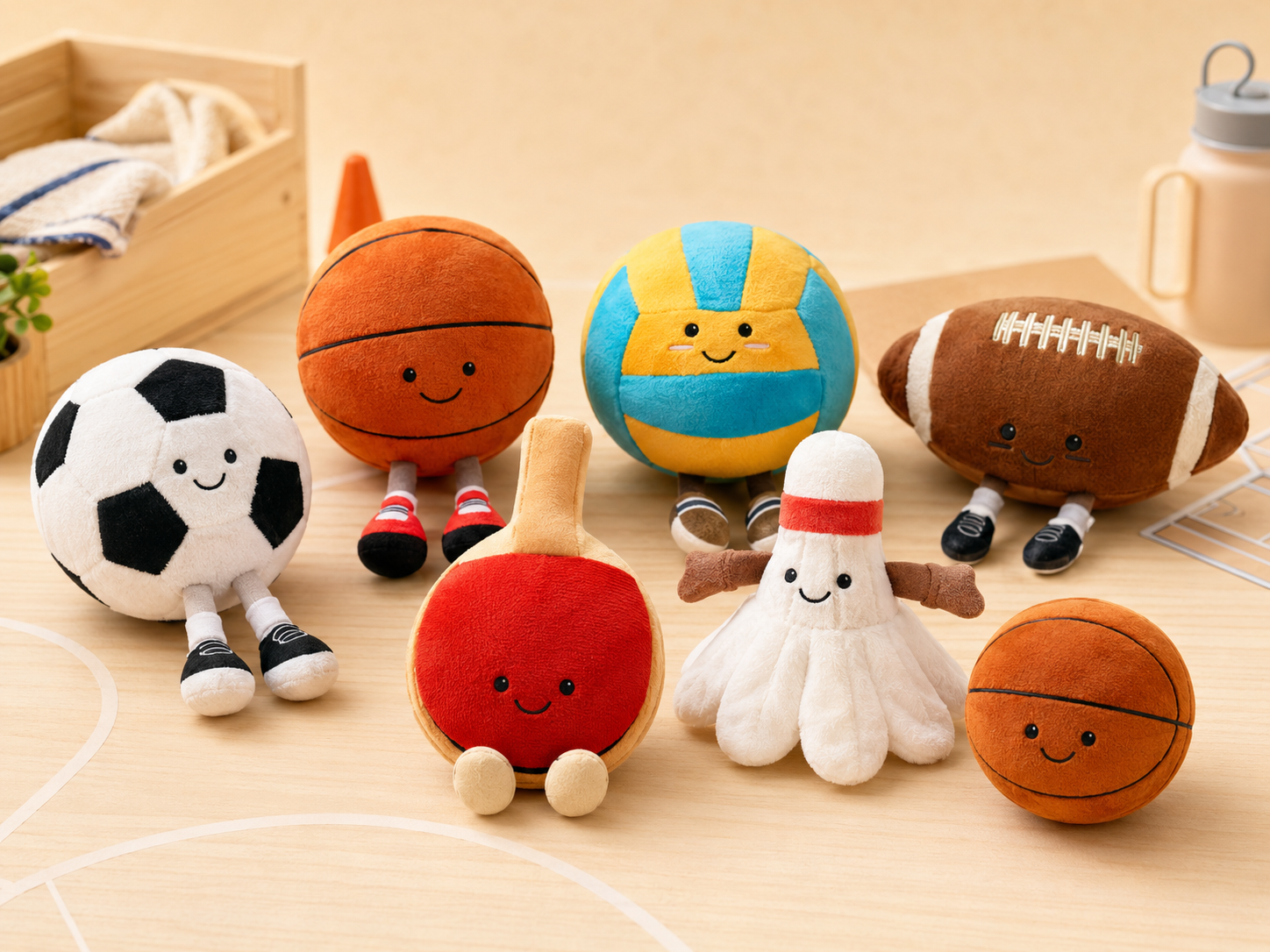 Sports plush and soft play collection featuring soccer, basketball, volleyball, table tennis, badminton and American football designs