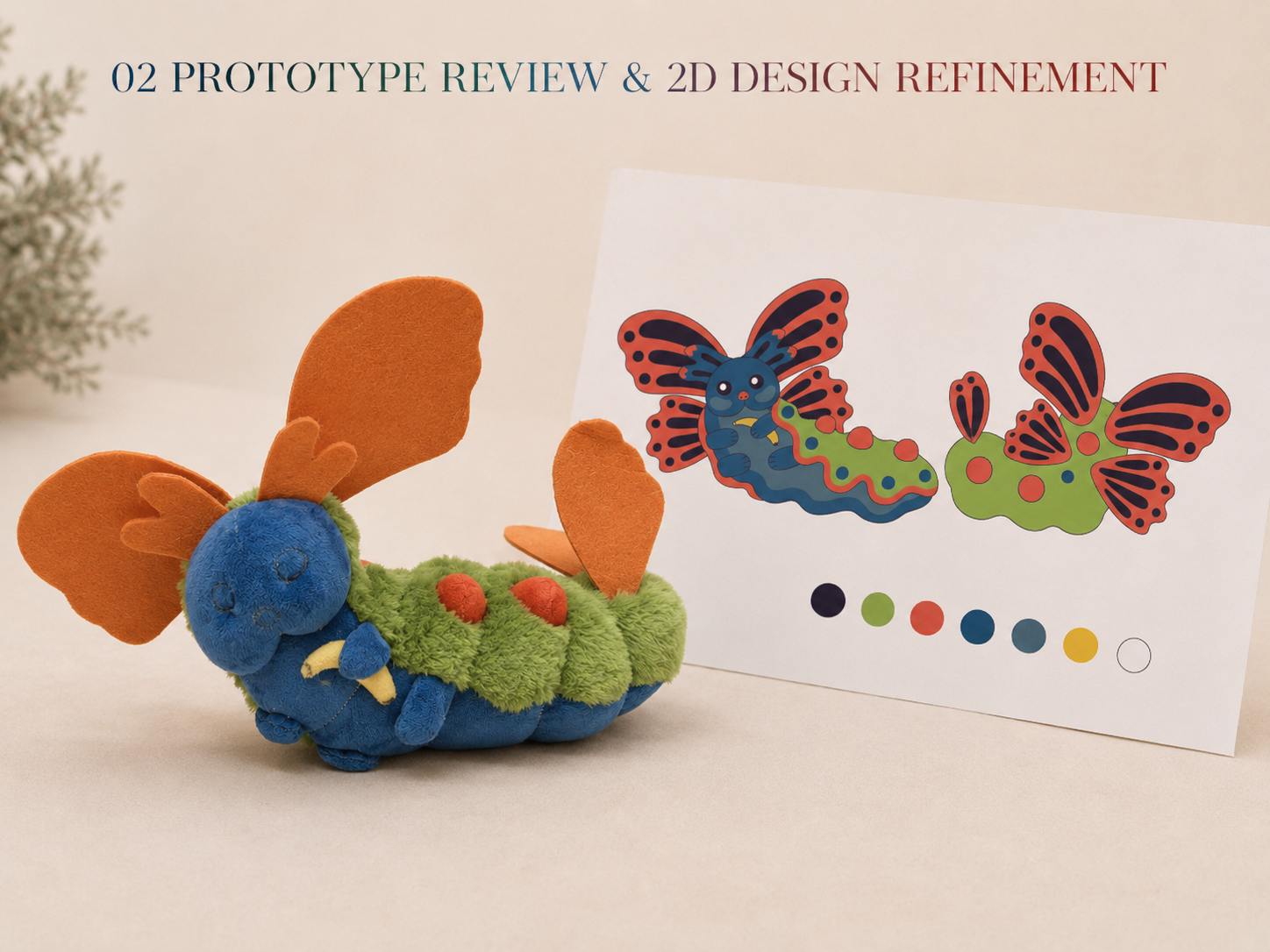 First plush prototype beside the client’s front-and-back 2D technical drawing