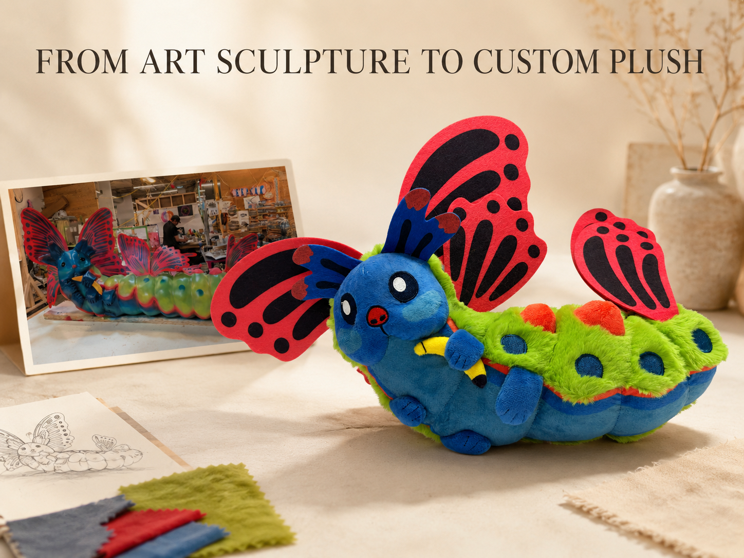 Original exhibited art sculpture reference and finished custom plush sample