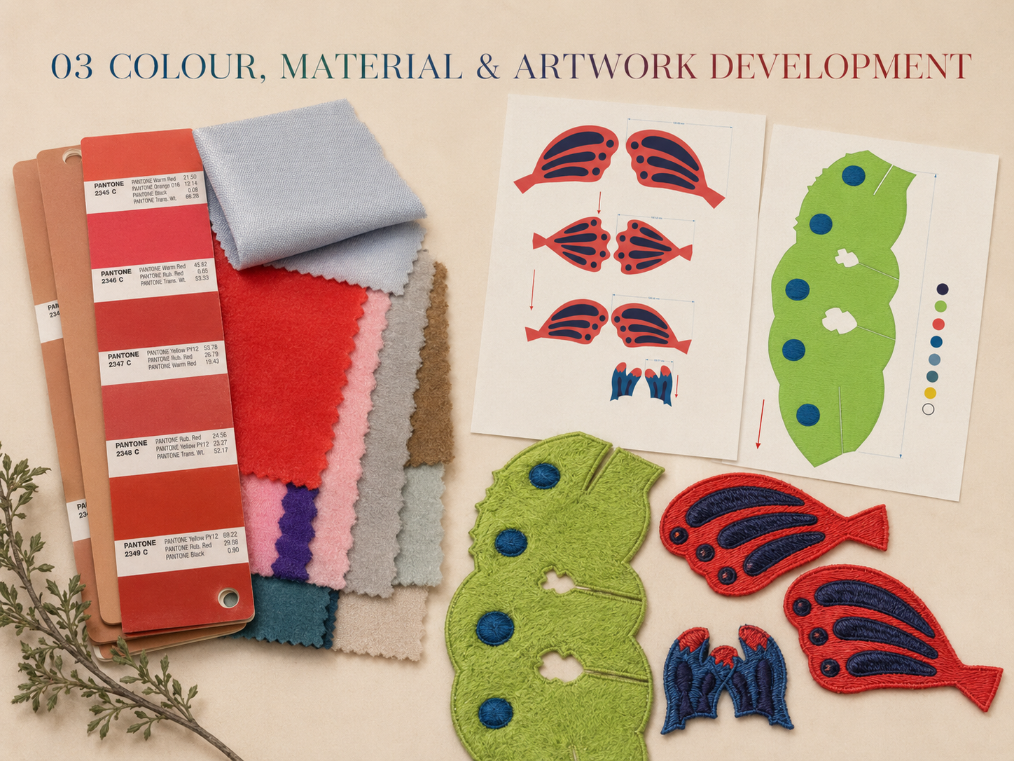 Pantone references, fabric swatches, printing artwork and embroidery artwork for the custom plush project